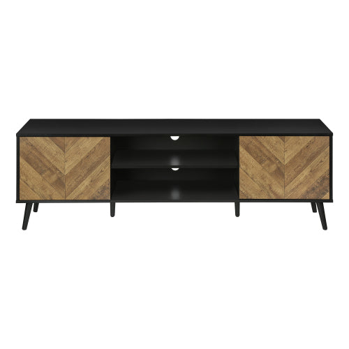 72 Inch Brown Black Grooved TV Stand with Black Wood Legs & Dual Cable Holes