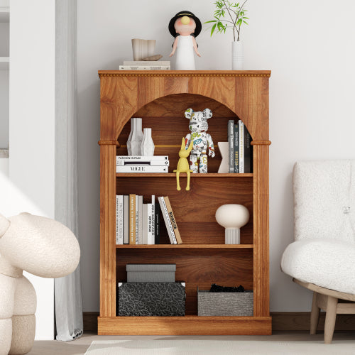 Light Walnut 3-Tier Arched Open Bookshelf Beaded Trim Eco-Friendly Wood Living Room Hallway Display Shelf