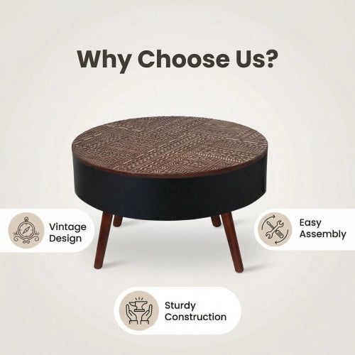 31.5 Inch Round Carved Coffee Table, Brown & Black