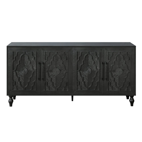 Black Carved Flower Door Storage Cabinet Metal Handle Large Hall Console TV Stand