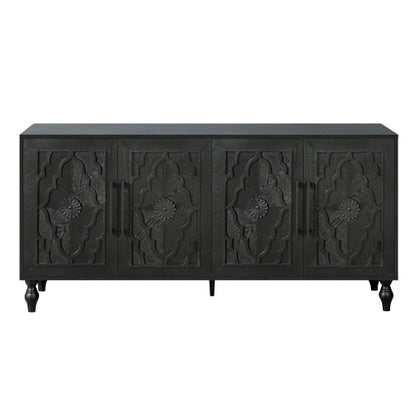 Black Carved Flower Door Storage Cabinet Metal Handle Large Hall Console TV Stand
