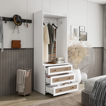 Wardrobe with 3 Drawers High Wardrobe Armoire With Rattan For Living Room, Bedroom Organizer