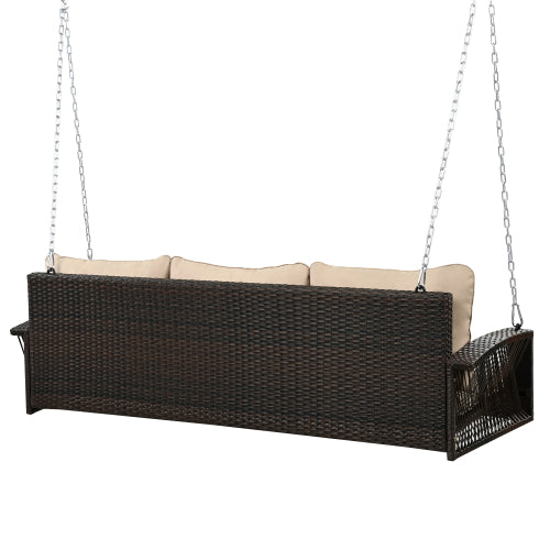 GO 69" PE Wicker 3-Person Porch Swing with Chains, Large Patio Swing Bench with Cushions for Backyard