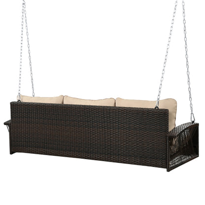 GO 69" PE Wicker 3-Person Porch Swing with Chains, Large Patio Swing Bench with Cushions for Backyard