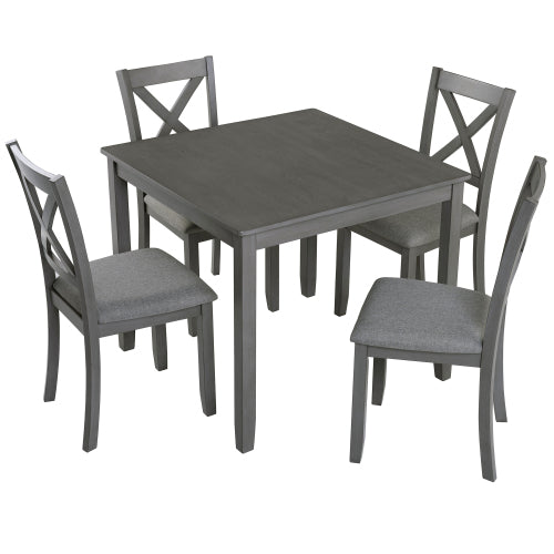 5-Piece Grey Wooden Dining Table Set for 4, Square Table & 4 X-Back Upholstered Chairs