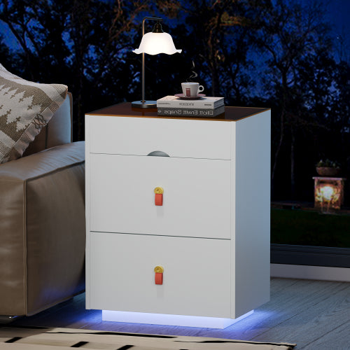 3-Drawer 30'' Nightstand with  LED Light, Modern Nightstand with 3 Storage Drawers, Bedside Table with Glass Top Jewelry Storage and Faux Leather Handles for Bedroom, Livingroom, Cloakroom, White