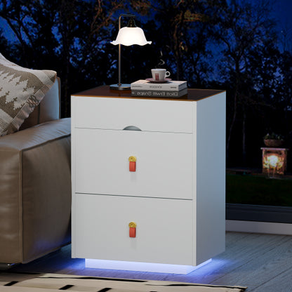 3-Drawer 30'' Nightstand with  LED Light, Modern Nightstand with 3 Storage Drawers, Bedside Table with Glass Top Jewelry Storage and Faux Leather Handles for Bedroom, Livingroom, Cloakroom, White
