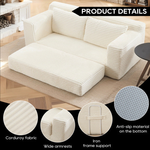 Beige Memory-Foam Convertible Compression Loveseat Sofa-Bed Corduroy No-Assembly Couch for Small Apartment