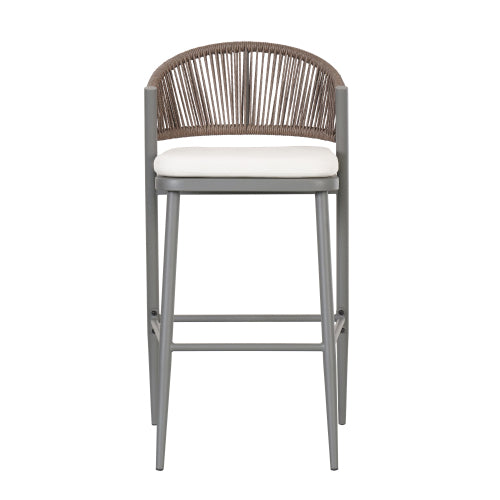 Outdoor 30.25" Seat Height Metal Frame Barstools with PE Rattan Scallop-shaped Backrest, Set of 2, Matte Grey