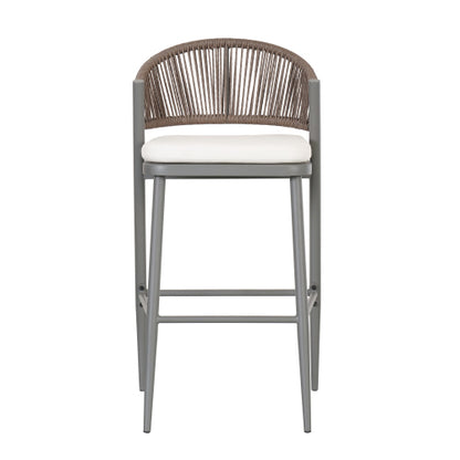 Outdoor 30.25" Seat Height Metal Frame Barstools with PE Rattan Scallop-shaped Backrest, Set of 2, Matte Grey