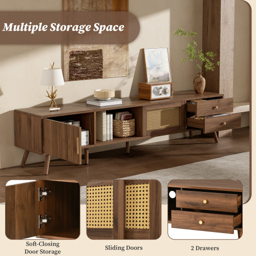 76.7 inch Natural Wood PE Rattan TV Stand Rubber Wood Leg Media Console Fits Up To 85 inch TV