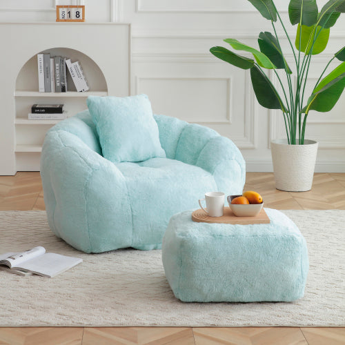 Oversized Shell-Shaped Faux-Fur Bean Bag Chair with Footstool for Adults & Kids