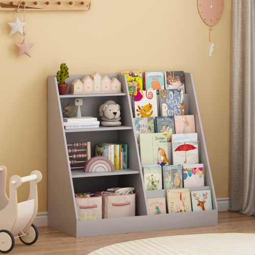 Gray 4-Tier Kids MDF Bookshelf, Multi-use Toy & Book Storage Unit for Nursery Playroom Bedroom