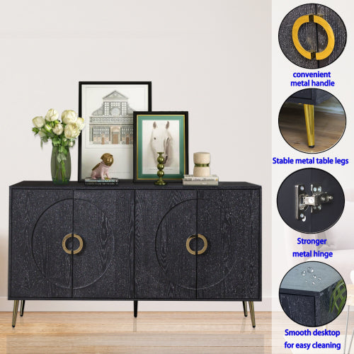 Distressed Black Modern Lacquered 4-Door Wooden Sideboard MDF Metal Leg Adjustable Shelf Home Storage Cabinet