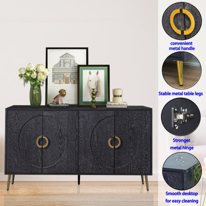 Distressed Black Modern Lacquered 4-Door Wooden Sideboard MDF Metal Leg Adjustable Shelf Home Storage Cabinet