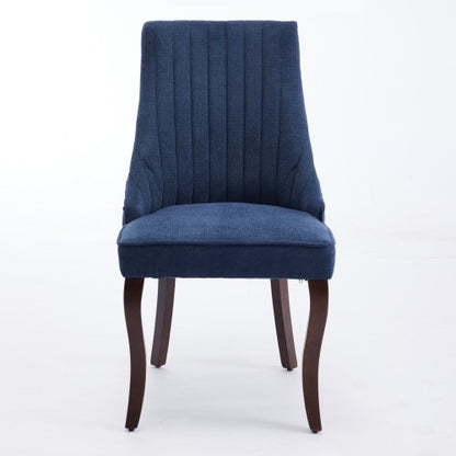 Set of 2 Blue Rayon Flocking Linen High Back Dining Chairs, Curved Solid Wood Legs Adjustable Leveling Feet