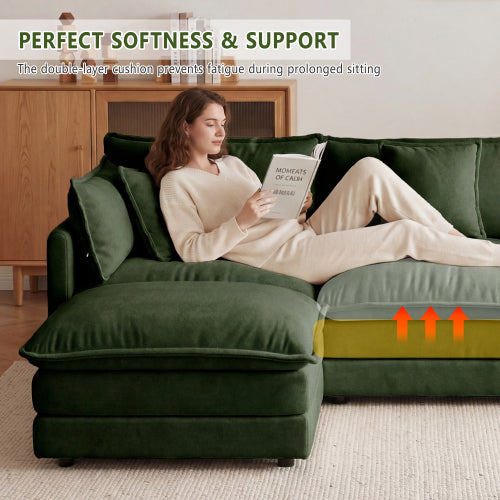 Green Chenille 2-Seat Deep-Seat Modular Sofa with Armrest & Toss Pillows for Living-Room Bedroom Club