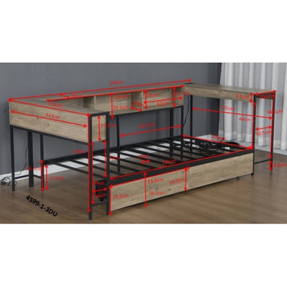 Corner Bed Frame Twin Size with Bookcase and 2 Underbed Storage Drawers, Modern Twin Bed with LED Light and Charging Station, Grey