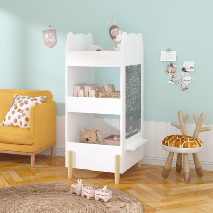 White Bear Shape Kids Bookshelf with Side Chalkboard, 3-Tier Open Storage Toddler Toy Book Organizer