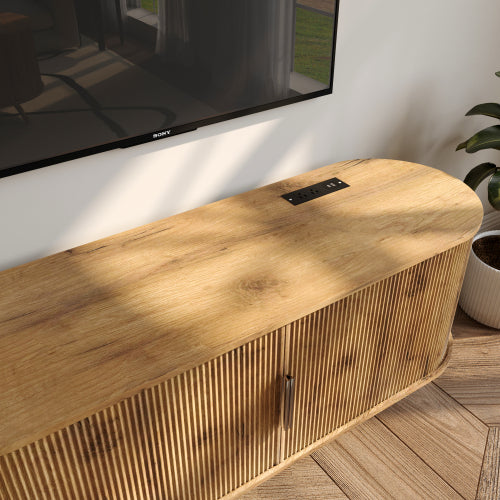 Natural Oak 50 Inch Fluted TV Stand with Power Outlets, Sliding Door Media Console for TVs Up to 55 Inch TV