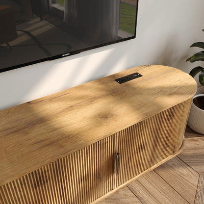 Natural Oak 50 Inch Fluted TV Stand with Power Outlets, Sliding Door Media Console for TVs Up to 55 Inch TV