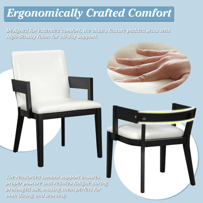 Set of 2 Modern Dining Chairs, Black Hardwood Frame with White Glossy PU Leather Upholstery