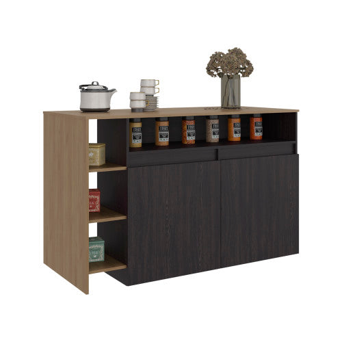 Kitchen Bar Counter with Ample Storage and Shelves, Black Wengue / Natural Oak