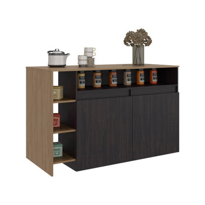 Kitchen Bar Counter with Ample Storage and Shelves, Black Wengue / Natural Oak