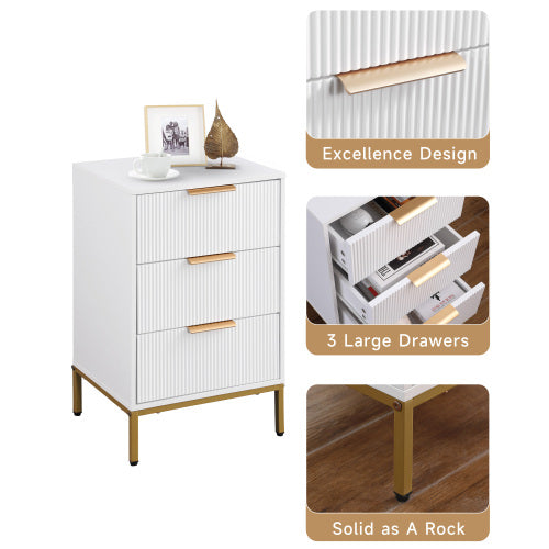 White Mid-Century Nightstand, 3 Wavy Drawers with Gold Metal Legs & Handles Bedroom End Table