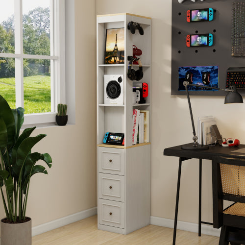 73 Inch Tall Slim Antique White Storage Cabinet 3 Drawers & Side Hooks Home Display Bookcase