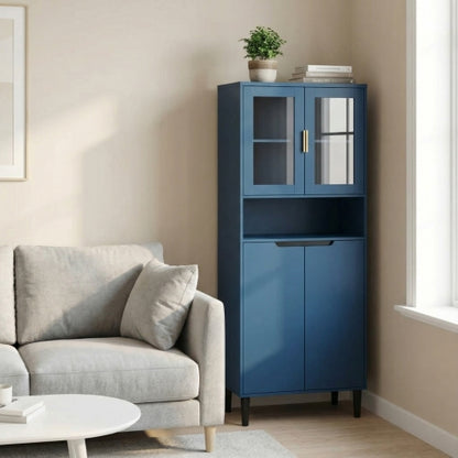 Navy Blue 4-Door Adjustable Tempered Glass Tall Storage Bookcase Cabinet