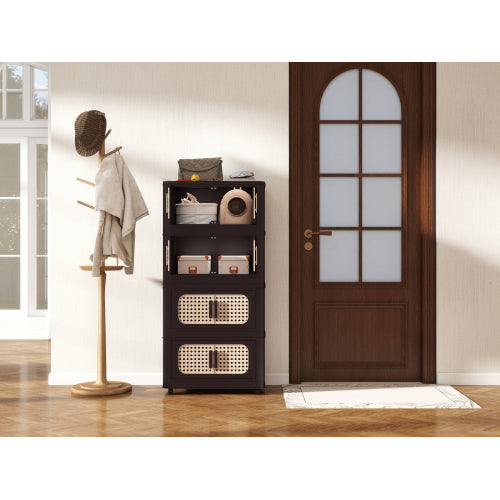 Retro Brown 20 Inch Five-Tier Folding Plastic Storage Cabinet Magnetic Door With Universal Moving Wheels