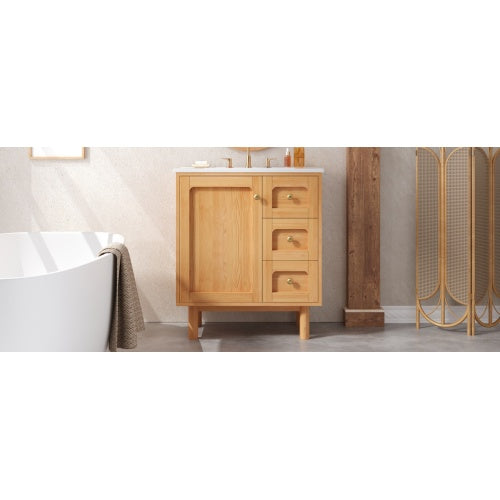 30 Inch Bathroom Vanity with Ceramic Sink, Bathroom Vanity with 3 Drawers, 1 large Soft Closing Door, Farmhouse Bathroom Storage Cabinet , Ideal for Home