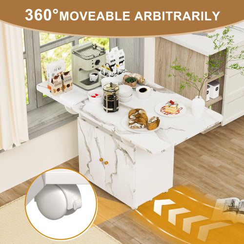 Folding Dining Table with Storage Cabinet Wheels and Marble Finish White