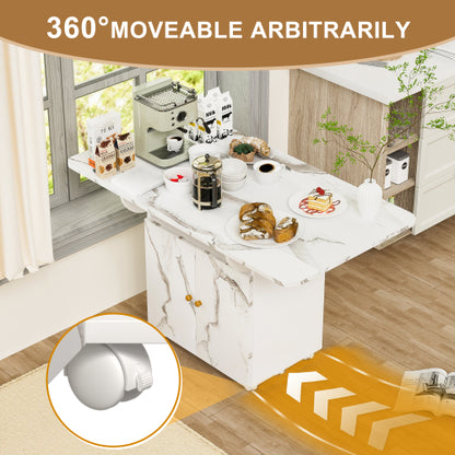 Folding Dining Table with Storage Cabinet Wheels and Marble Finish White
