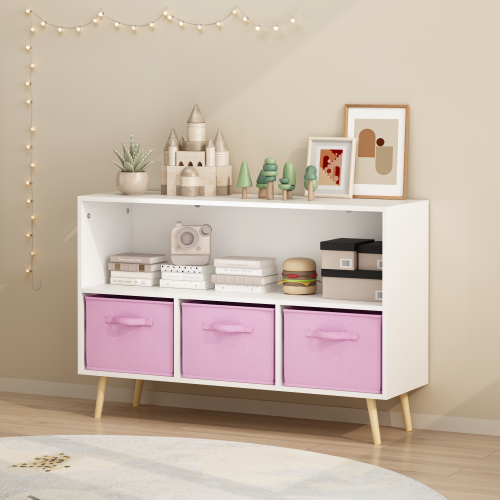 Kids Bookcase with Fabric Drawers and Toy Storage Organizer, White/Pink