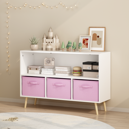 Kids Bookcase with Fabric Drawers and Toy Storage Organizer, White/Pink