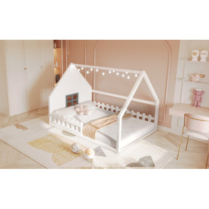 Full Size Wood House Bed with Window and Fence, White