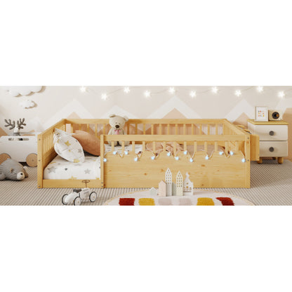 Full Montessori Floor Bed Frame with High Rails, Wood Kids Floor Beds with Light and Storage Shelf, Natural