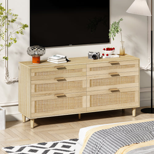 Natural Tone 6-Drawer Rattan Bedroom Storage Dresser With Metal Handle