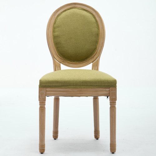 Set of 2 Olive Green French Carved Solid Wood Linen Dining Chairs, Antique Painted Frame 300 LBS Load