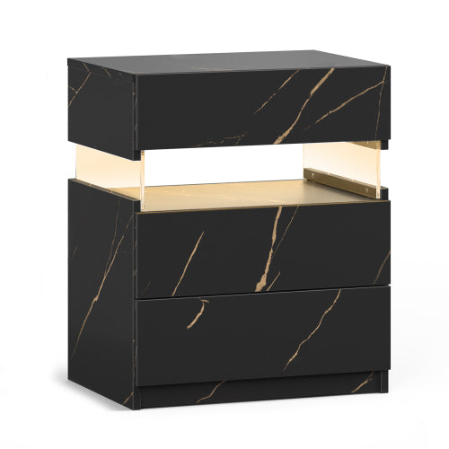 Black & Gold 3-Drawer LED Nightstand with Acrylic Panel