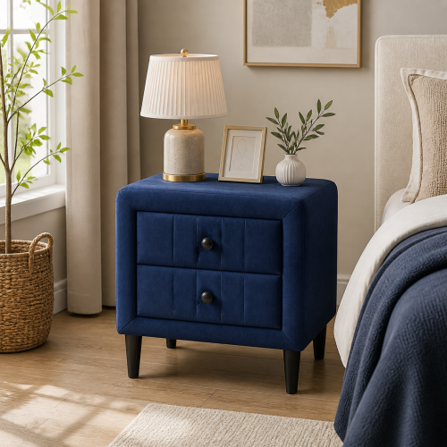 Navy Blue Velvet 2-Drawer Upholstered Nightstand