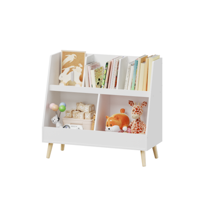 White 5-Cubby Kids Wooden Bookshelf with Pine Legs, MDF Toddler Storage Organizer with Anti-Tip Kit