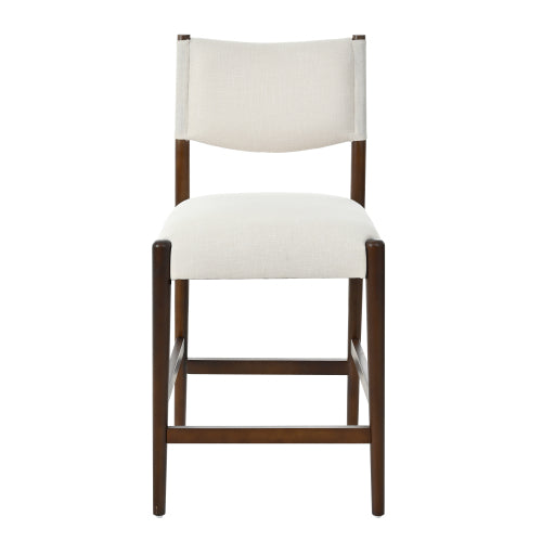 Set of 2 Walnut Beige 26.4inch  Counter Height Rubber Wood Bar Stools, Linen Upholstered Kitchen Island Chairs