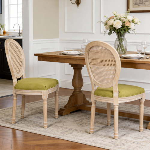 Set of 2 Green French Country Rattan Round Back Dining Chairs, Full Solid Wood Frame Disassemblable Side Chairs