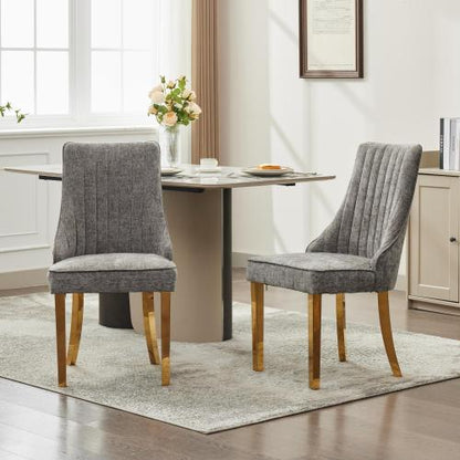 Set of 2 Gray Rayon Flocking Chenille Dining Chairs, High Back, Triple Elastic Cushion, Golden Plated Stainless Steel Legs