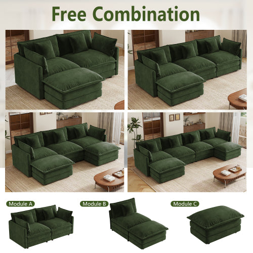 Green Chenille Armless 1-Seat Modular Sofa Unit with Ottoman, Solid-Wood Frame, Assembly-Required