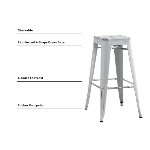 Backless Modern Light Weight Industrial Contemporary Rustic Vintage Costal Metal Bar Stools Without Back and 4 Leg Design (Set of 2) (30inch Seat, Distressed White)