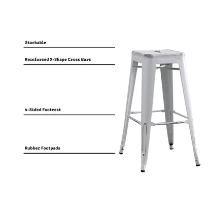 Backless Modern Light Weight Industrial Contemporary Rustic Vintage Costal Metal Bar Stools Without Back and 4 Leg Design (Set of 2) (30inch Seat, Distressed White)